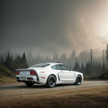 white mustang mustang parked on a road in the woods with a dark sky in the background and trees in the foreground