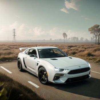 white sports car driving down a road in the country side with a telephone pole in the background and a field of grass