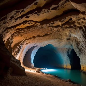 cave with a blue pool inside of it and a light at the end of the cave is a blue light