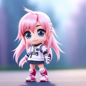 cartoon girl with pink hair and blue eyes is standing in a street with her pink hair in a ponytail