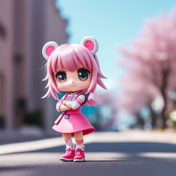 little doll is standing on the street in a pink dress and pink shoes with ears on her head