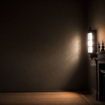 dark room with a fireplace and a window with a light coming in from it and a lamp on the wall