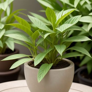 potted plant with green leaves on a table in front of other plants in pots on a table