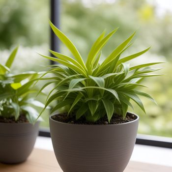 two potted plants sitting on a table near a window sill with a view of trees outside the window