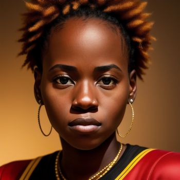 woman with a red shirt and gold necklace and earrings on her head