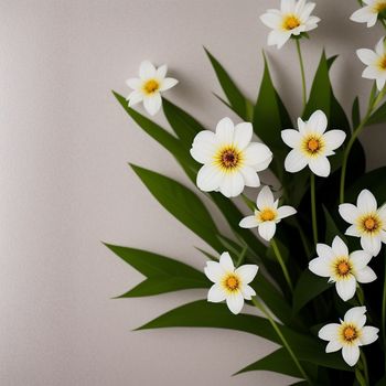 bunch of white flowers with green leaves on a table top with a white wall behind them and a white wall behind them