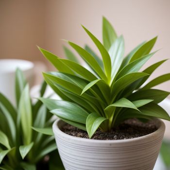 couple of plants that are sitting in a pot on a table together