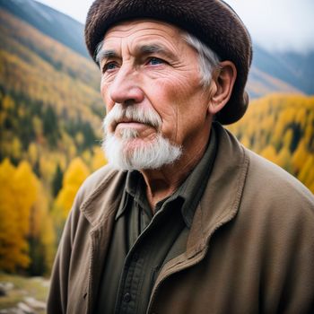 man with a white beard and a brown hat on his head is standing in front of a mountain