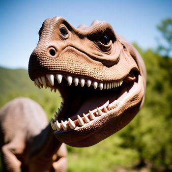 close up of a dinosaur's mouth with trees in the background and a blue sky in the background