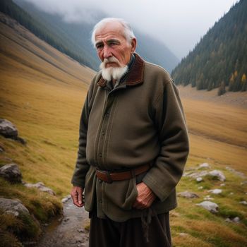 man with a white beard and a beard standing in a field with mountains in the background and fog in the air