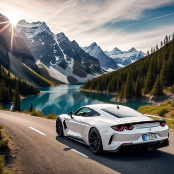 white sports car driving down a road next to a mountain lake and forest covered mountains in the background