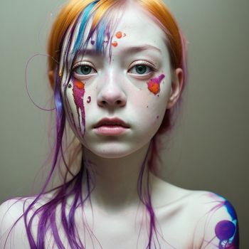 woman with painted face and body with orange and blue hair and makeup on her face and chest