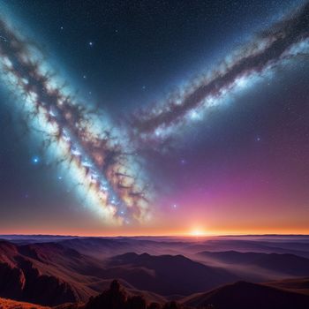 very large spiral shaped object in the sky above a mountain range at night time with stars in the sky