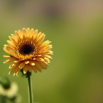 yellow flower with a brown center in a field of green grass and blurry background with a blurry background