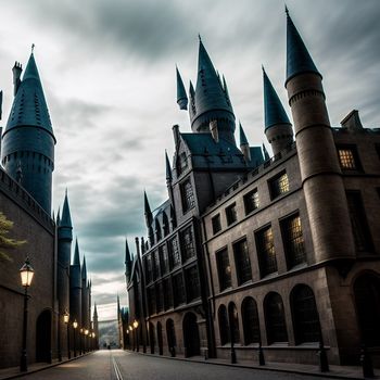 castle like building with a street light in front of it and a cloudy sky in the background with clouds