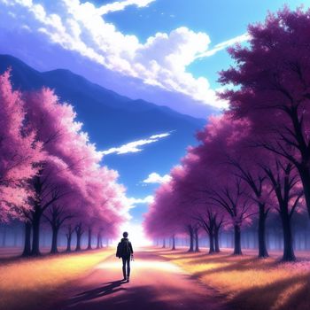 man walking down a road surrounded by trees with pink flowers on them and a blue sky with clouds