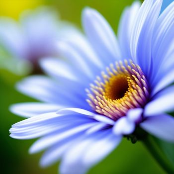 close up of a blue flower with a yellow center and a green background with a blurry background