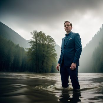 man in a suit standing in a body of water with trees in the background and a dark sky
