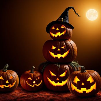 group of pumpkins with faces carved into them on a table with a full moon in the background