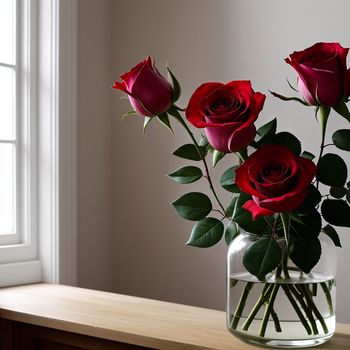 vase filled with red roses on a table next to a window sill with a window behind it