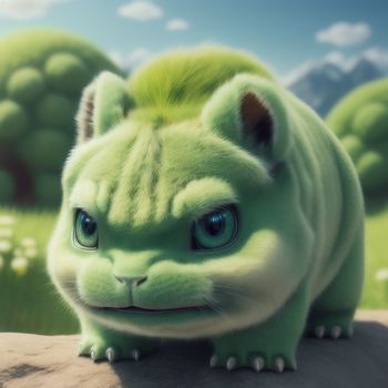 green creature with blue eyes sitting on a rock in a field of grass and flowers with a sky background