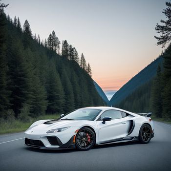 white sports car driving down a road next to a forest at sunset with a mountain in the background