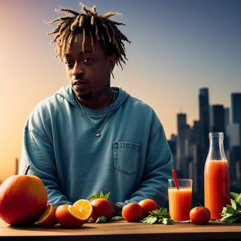 man sitting at a table with a bottle of juice and oranges on it