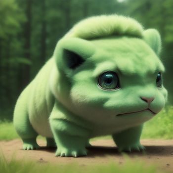 green cat with big eyes standing on a dirt road in a forest with trees in the background and grass in the foreground