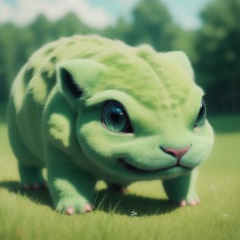 green cat with big eyes standing in a field of grass with trees in the background and a blue sky