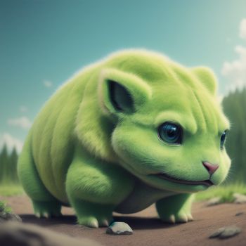 green animal with blue eyes and a nose is standing on a dirt ground with rocks and trees in the background