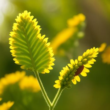close up of a yellow flower with green leaves in the background and a blurry background of yellow flowers