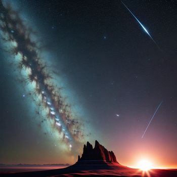 very long star is in the sky above a mountain and a star trail is in the sky above it