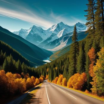 scenic view of a mountain range with a road going through it and trees with yellow leaves on the ground