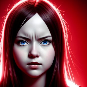woman with blue eyes and long hair is staring at the camera with a red background and a red background