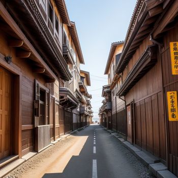 narrow street with wooden buildings and a sign on the side of the street that says