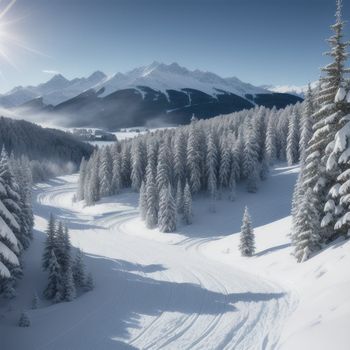 snowy mountain with a forest of trees and a sun shining over the mountains in the distance with snow on the ground