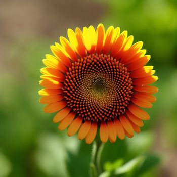 close up of a yellow and orange flower with green leaves in the background and a blurry background