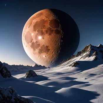 large moon is seen over a snowy mountain range in this artistic image of a planet with a star in the sky