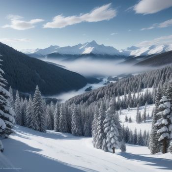 snowy mountain with a forest of trees and a mountain range in the distance with clouds in the sky