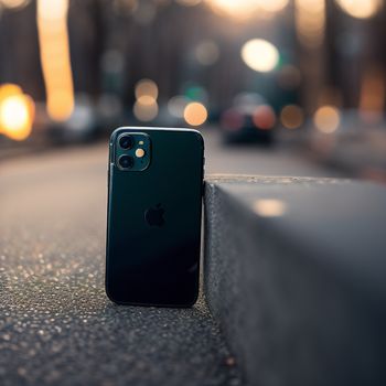 black iphone sitting on the side of a road next to a wall with a blurry background of cars