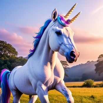 white unicorn with a rainbow mane running through a field of grass with trees in the background at sunset