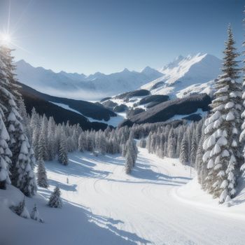 snowy mountain with trees and a sun shining on the top of it and a sky background with a few clouds