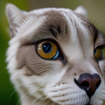 cat with yellow eyes looking at the camera with a blurry background of grass and trees in the background