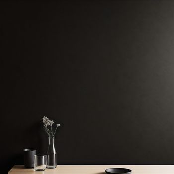 table with two vases and a bowl on it with flowers in them on it and a black wall behind it