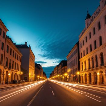 street with a few buildings and a street light at night time with a blue sky in the background