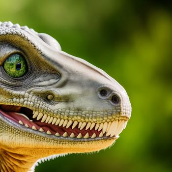 close up of a dinosaur with a green eye and a green background with trees in the background and a blurry background