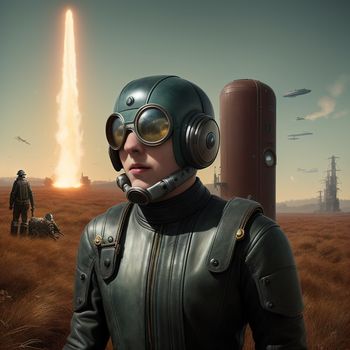 woman in a leather outfit and helmet standing in a field with a rocket in the background and a man in a space suit