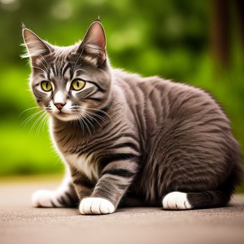 cat sitting on the ground looking at the camera with a green background and a blurry background behind it