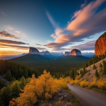 scenic view of a mountain range with a road going through it and trees in the foreground and a sunset in the background