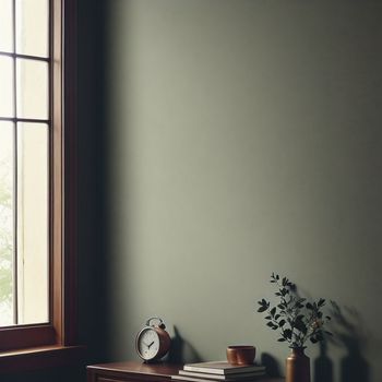 small table with a clock and a plant on it next to a window with a green wall and a window sill